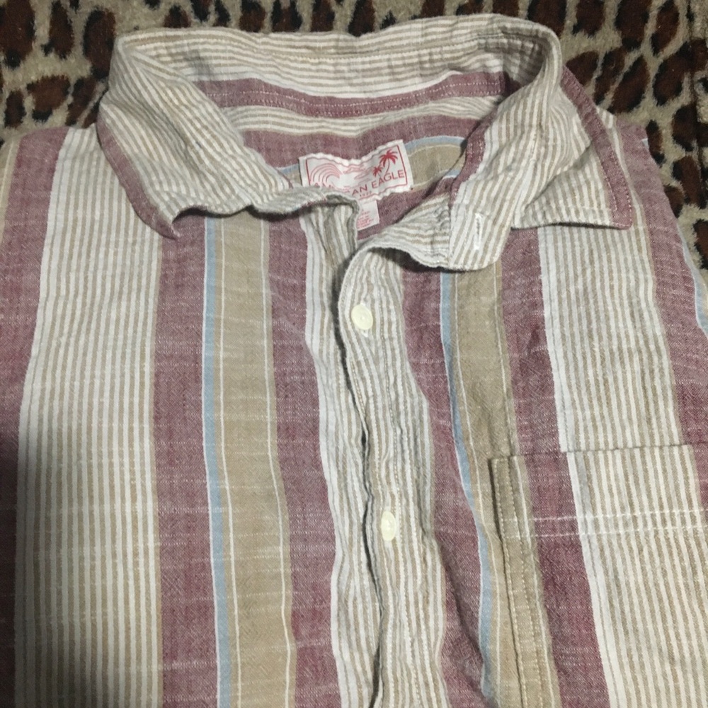 American Eagle 2XL/XXL Button Up Striped Natural Neutral Tan Beige Chest Pocket